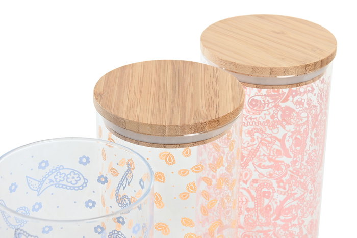 DKD Home Decor Bote Shabby Azul Rosa Borosilicato Bambu Cierre Hermetico 1400ml 10x10x22cm (12 Unidades)