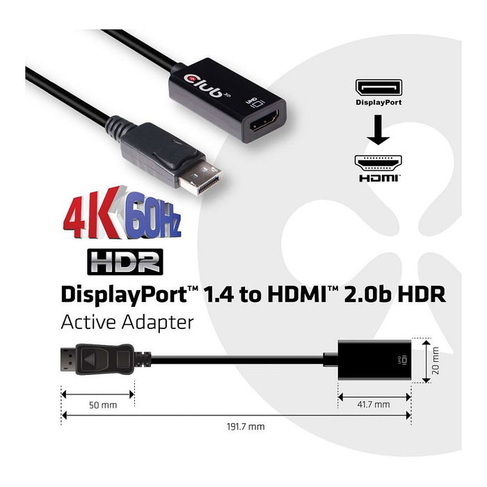 Club3D Adaptador Activo DisplayPort 1.4 a HDMI 2.0b 4K 60Hz HDR, Negro