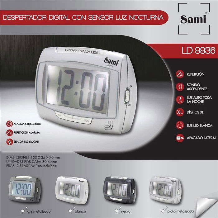 SAMI Despertador LCD Digital XL con Sensor de Luz Automático en Plata - DESPERTADOR SAMI LCD DIG.XL SENSOR AUTO LUZ PLATA