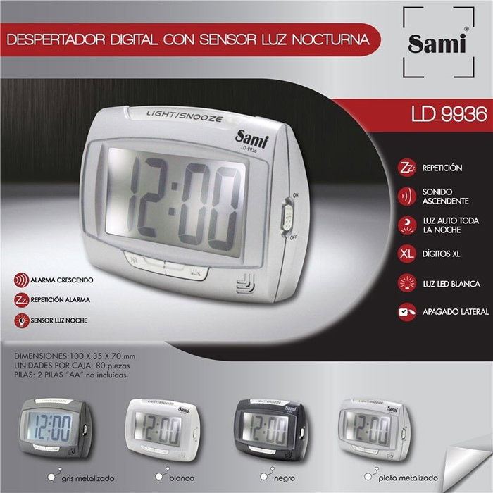 SAMI Despertador Dig.xl LCD con Sensor de Luz Automática, Plata