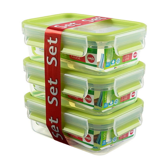 Emsa CLIP & CLOSE 2.0 Set 3 Recipientes Herméticos Rectangulares 0.55L Transparentes Aptos Microondas y Congelador