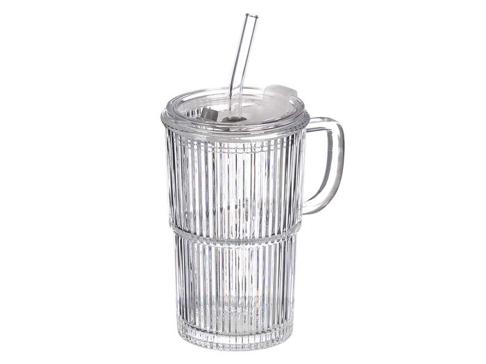Vivalto Vaso con Asa y Tapa con Pajita 430 ml Transparente 8.5x13.5x6.6 cm (Set de 24)