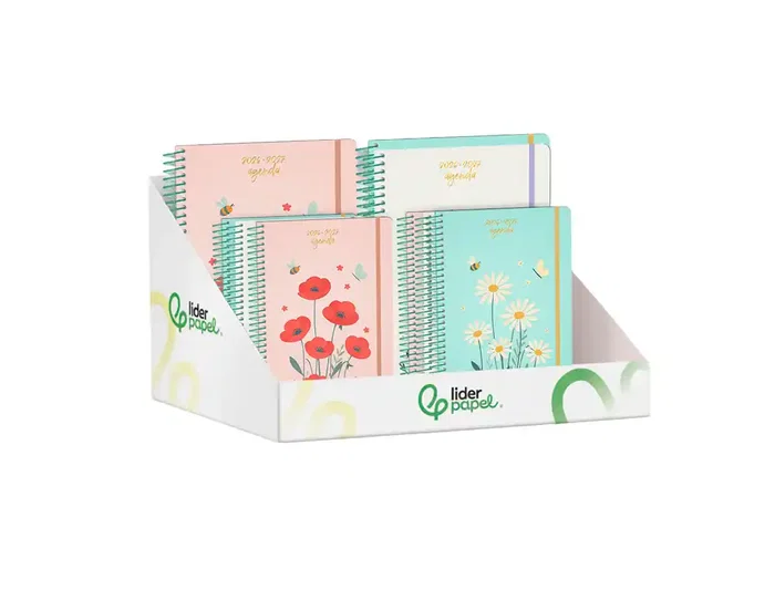 Liderpapel Agenda Escolar 2026-2027 Fantasy Flores Espiral Surtido Bilingüe A5/A6 80g FSC - Expositor 9 Unidades (3 A5 Día Página, 3 A6 Semana Vista, 3 A6 Día Página)