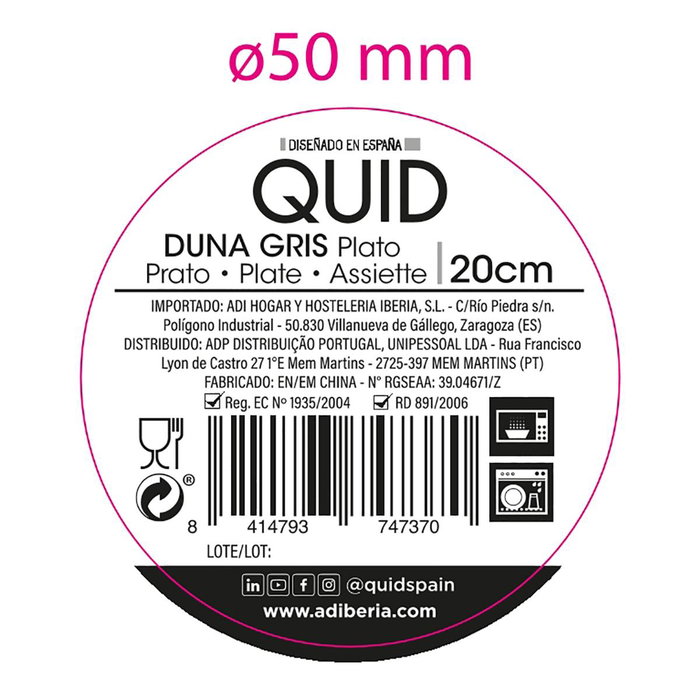 Quid Plato de Postre Cerámico Duna Gris 20x2,5 cm (12 Unidades)