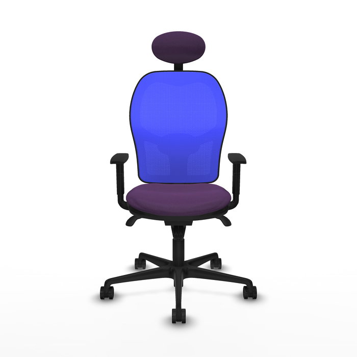 Silla de oficina Jorquera con mecanismo Sincro tapizada con Tela color Morado y malla color Azul. Equipada con lumbar 1D, Brazos 1D, Cabecero Fijo y Ruedas 65mm nailon