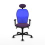 Silla de oficina Jorquera con mecanismo Sincro tapizada con Tela color Morado y malla color Azul. Equipada con lumbar 1D, Brazos 1D, Cabecero Fijo y Ruedas 65mm nailon