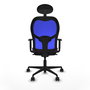 Silla de oficina Jorquera con mecanismo Sincro tapizada con Tela color Morado y malla color Azul. Equipada con lumbar 1D, Brazos 1D, Cabecero Fijo y Ruedas 65mm nailon