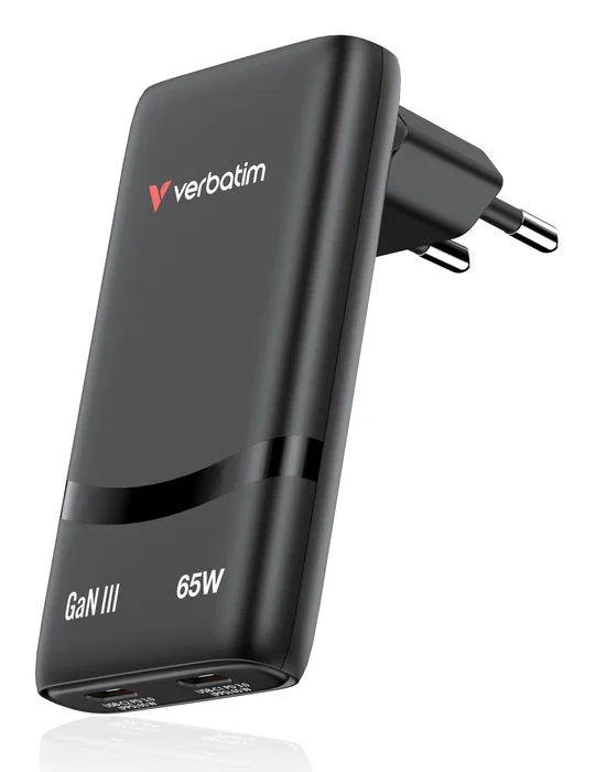 Verbatim Cargador GaN Fold 'n' Go 65W con 2 Puertos USB-C Negro