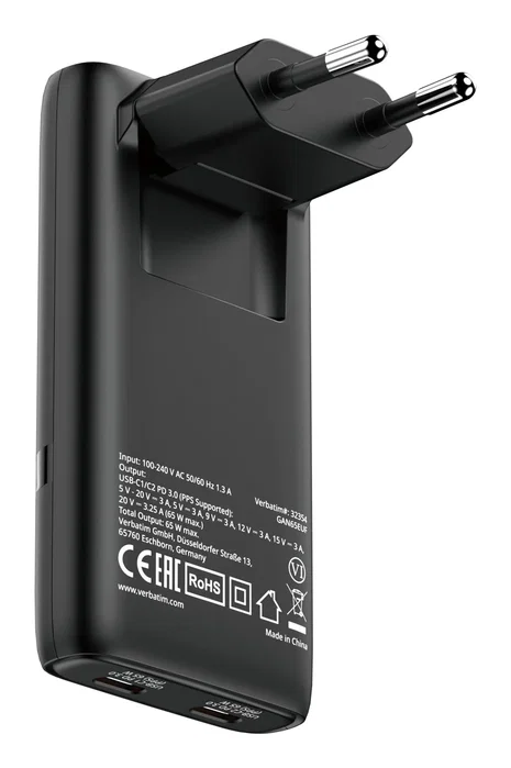 Verbatim Cargador GaN Fold 'n' Go 65W con 2 Puertos USB-C Negro