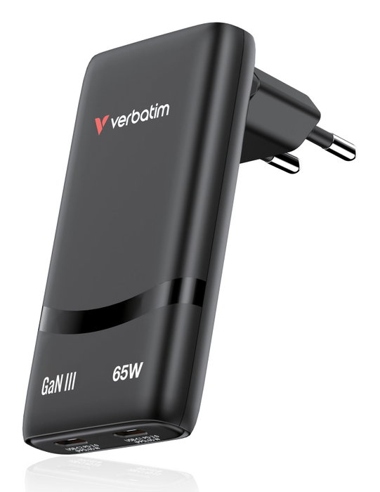 Verbatim Fold 'n' Go GaN Charger 65W con 2 puertos USB-C, Negro