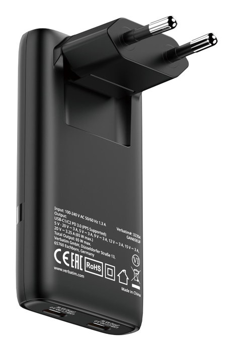 Verbatim Fold 'n' Go GaN Charger 65W con 2 puertos USB-C, Negro