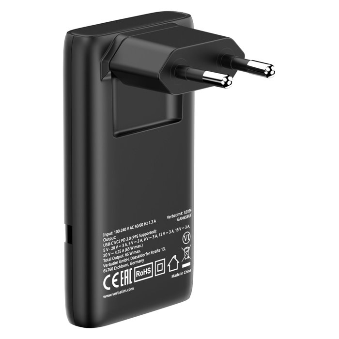Verbatim Cargador GaN Fold 'n' Go 65W con 2 Puertos USB-C Negro