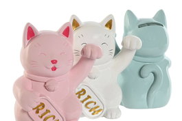 DKD Home Decor Hucha Gato Suerte Resina Rosa Azul Blanco 9.5 x 16 x 12 cm (3 Unidades)
