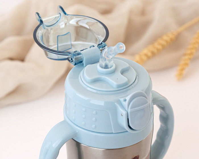 KioKids Botella Acero Inoxidable Niños 280 mL Azul con Pajita, Asas y Tapa a Prueba de Derrames - Colección Lovely Friends