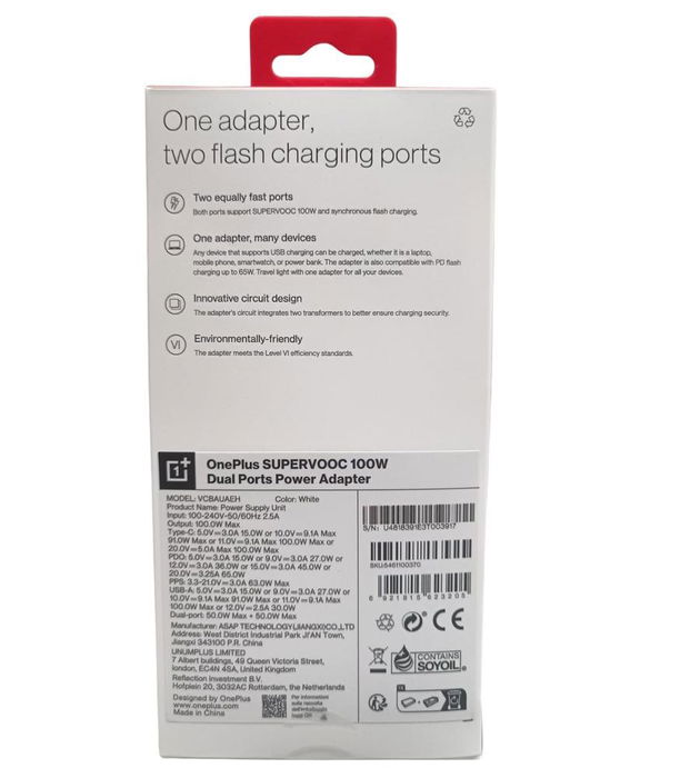 OnePlus Cargador 100W Duo Blanco, Carga Rápida 1 Puerto USB-C + 1 Puerto USB-A, Para Smartphones, Tablets y Dispositivos Compatibles
