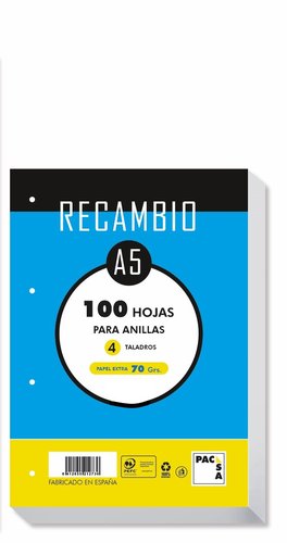 PACSA Recambio A5 Cuadriculado 4x4 100 Hojas 70g/m² PACSA Recambio A5 Cuadriculado 4x4 100 Hojas 70g/m²