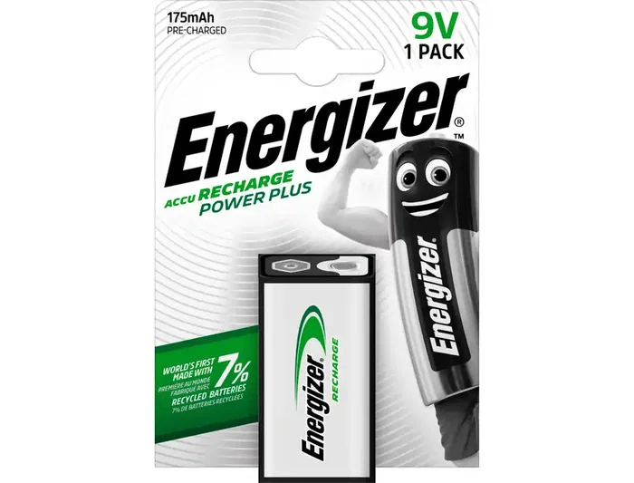 Energizer Pila Recargable Power Plus 9V - Con 7% de Materiales Reciclados, Blister de 1 Unidad, Rendimiento Fiable y Duradero para Dispositivos de Alto Consumo Energizer Pila Recargable Power Plus 9V - Con 7% de Materiales Reciclados, Blister de 1 Unidad, Rendimiento Fiable y Duradero para Dispositivos de Alto Consumo
