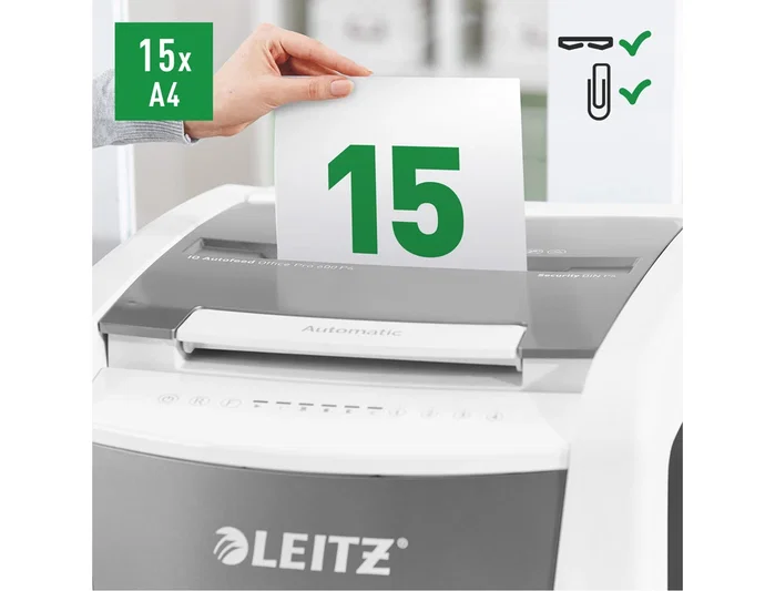 Leitz IQ Auto+ Office Pro 600 Destructora de Documentos Automática P4, Capacidad 600 Hojas, Corte Partículas, Destruye Grapas y Clips, 110L