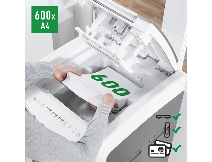 Leitz IQ Auto+ Office Pro 600 Destructora de Documentos Automática P4, Capacidad 600 Hojas, Corte Partículas, Destruye Grapas y Clips, 110L