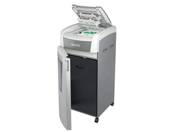 Leitz IQ Auto+ Office Pro 600 Destructora de Documentos Automática P4, Capacidad 600 Hojas, Corte Partículas, Destruye Grapas y Clips, 110L