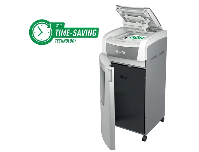 Leitz IQ Auto+ Office Pro 600 Destructora de Documentos Automática P4, Capacidad 600 Hojas, Corte Partículas, Destruye Grapas y Clips, 110L