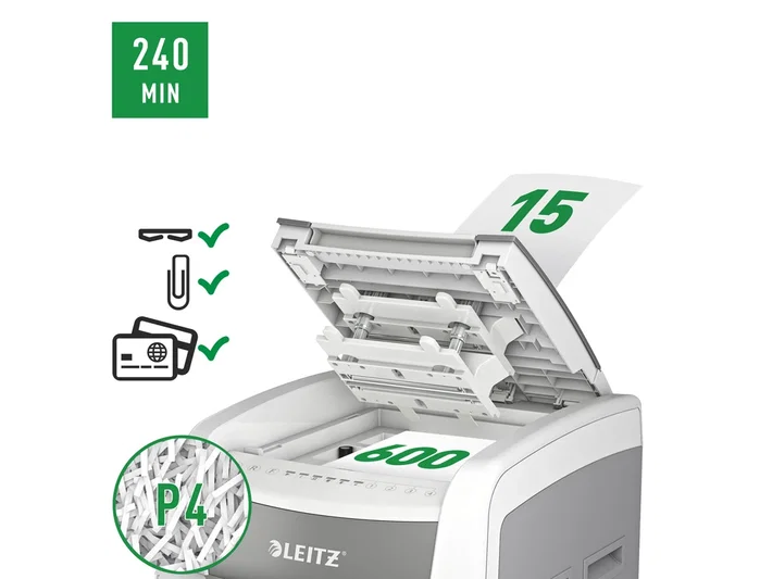 Leitz IQ Auto+ Office Pro 600 Destructora de Documentos Automática P4, Capacidad 600 Hojas, Corte Partículas, Destruye Grapas y Clips, 110L