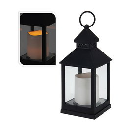 Farol con Vela de LED Luz Cálida Fija, Temporizador 6h, Interior, Negro, 10,5 x 10,5 x 23 cm