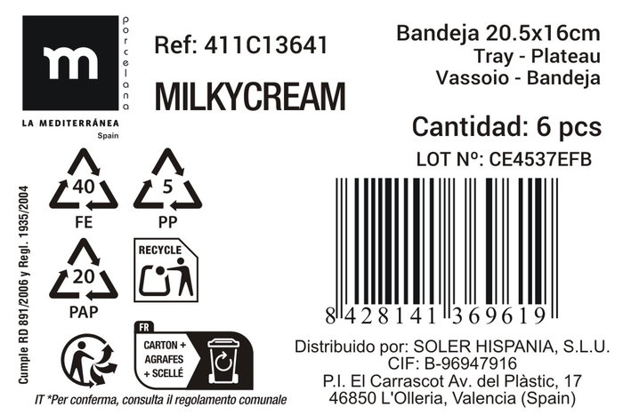 La Mediterranea Bandeja Aperitivo Milkycream 20.5x16cm MD