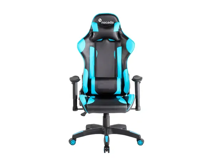 Rocada Silla Gaming Profesional Reclinable 155° con Brazos Regulables, Cojín Lumbar y Cervical, Similpiel Negro/Azul