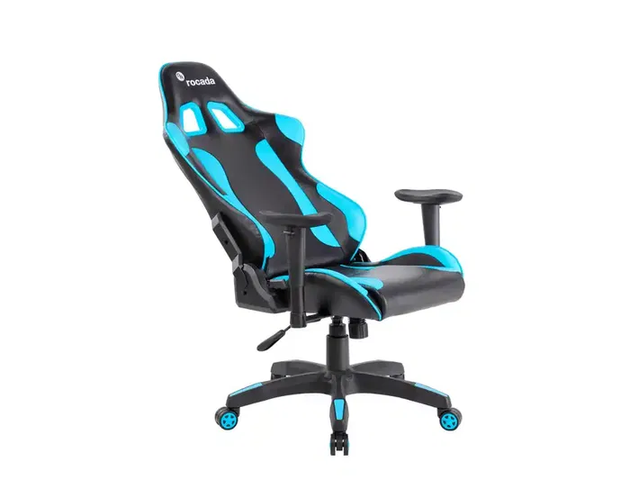 Rocada Silla Gaming Profesional Reclinable 155° con Brazos Regulables, Cojín Lumbar y Cervical, Similpiel Negro/Azul
