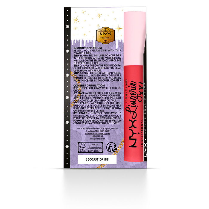 NYX PROFESSIONAL MAKE UP VEGAN SWEET GLAM LIMITED EDITION Lote 3pz Set de Maquillaje con Eyeliner Epic Ink, Máscara On The Rise y Labial Lingerie XXL