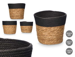 Giftdecor Set de 3 Cestos Redondos de Esparto, Altura 19 cm, Color Negro y Natural, 22x22 cm (Set de 6)