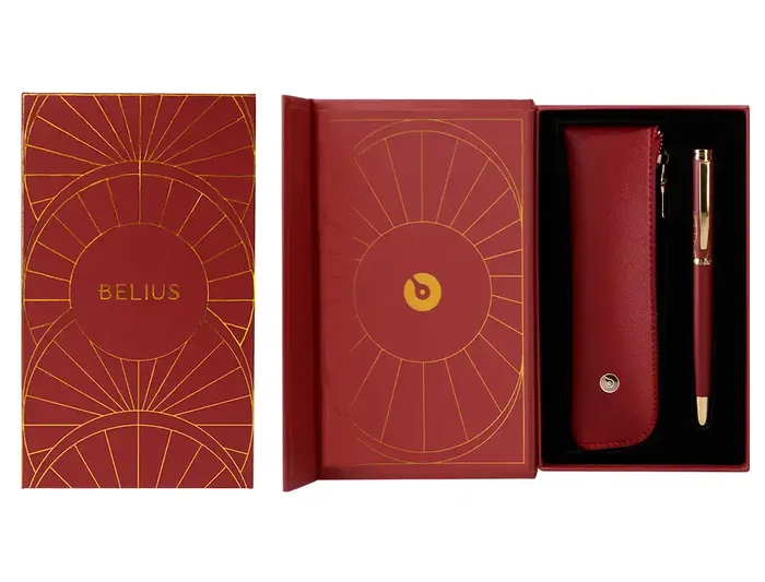 Belius Bolígrafo y Estuche Soirée Art Deco Granate y Dorado Tinta Azul Caja de Diseño