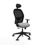 Silla de oficina Alocén con mecanismo Sincro tapizada con Tela color Gris claro y malla color Negro. Equipada con lumbar 1D, Brazos 1D, Cabecero Fijo y Ruedas 65 mm parqué