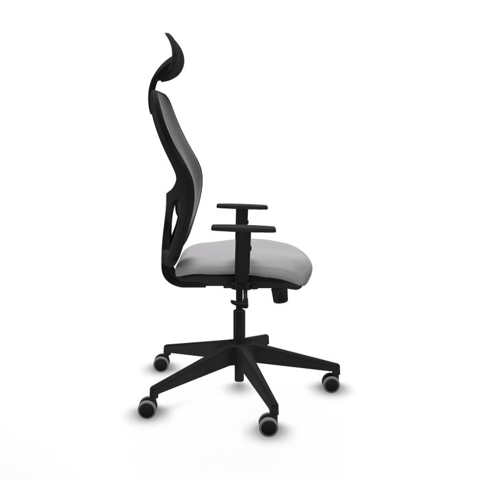Silla de oficina Alocén con mecanismo Sincro tapizada con Tela color Gris claro y malla color Negro. Equipada con lumbar 1D, Brazos 1D, Cabecero Fijo y Ruedas 65 mm parqué