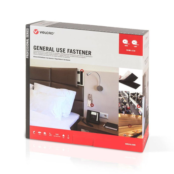 Velcro® Cinta de gancho y bucle adhesiva negra 50 mm x 25 m