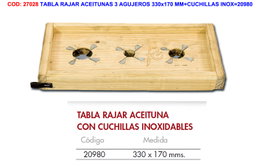 Tabla para deshuesar aceitunas con 3 agujeros y cuchillas inox 330x170 mm