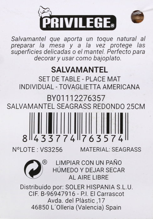 Privilege Salvamantel Redondo Seagrass 25 cm (36 Unidades)