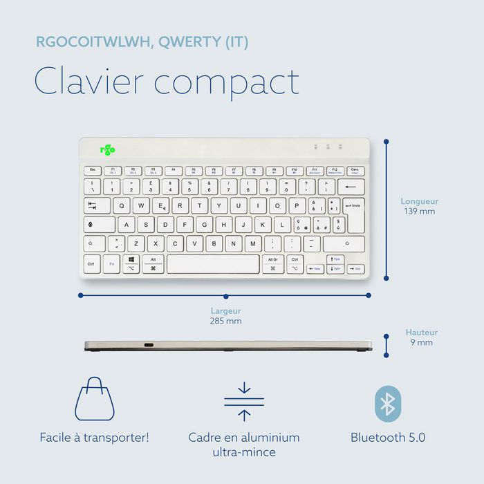 R-Go Tools Teclado Compacto Ergonómico R-Go Compact Break, QWERTY (IT), Bluetooth, Blanco, Software de Descanso Integrado