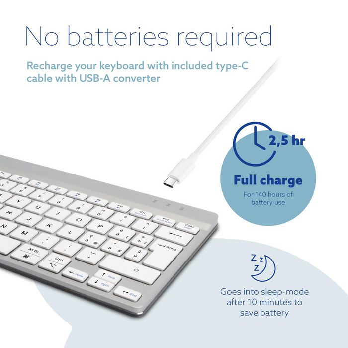 R-Go Tools Teclado Compacto Ergonómico R-Go Compact Break, QWERTY (IT), Bluetooth, Blanco, Software de Descanso Integrado