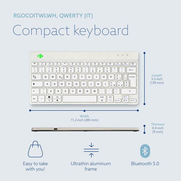 R-Go Tools Teclado Compacto Ergonómico R-Go Compact Break, QWERTY (IT), Bluetooth, Blanco, Software de Descanso Integrado
