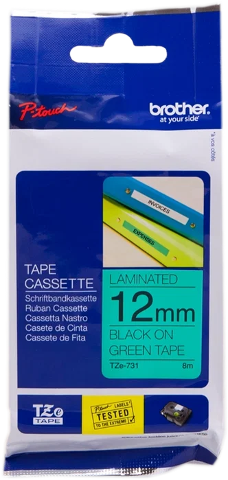 Brother TZe-731 Cinta de rotulación laminada 12 mm, 8 m, Negro sobre verde