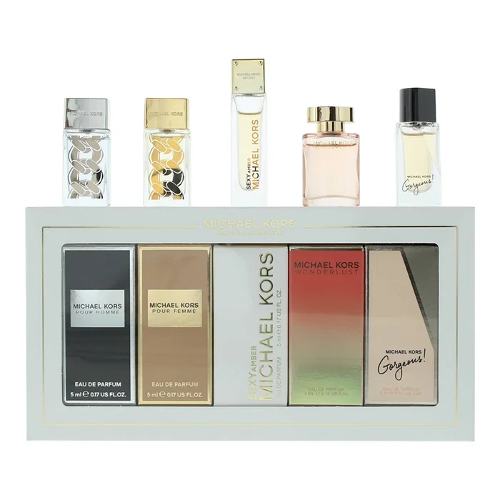 Michael Kors Conjunto de Miniaturas Fragancias Gorgeous!, Wonderlust, Sexy Amber, Pour Femme y Pour Homme Michael Kors Conjunto de Miniaturas Fragancias Gorgeous!, Wonderlust, Sexy Amber, Pour Femme y Pour Homme