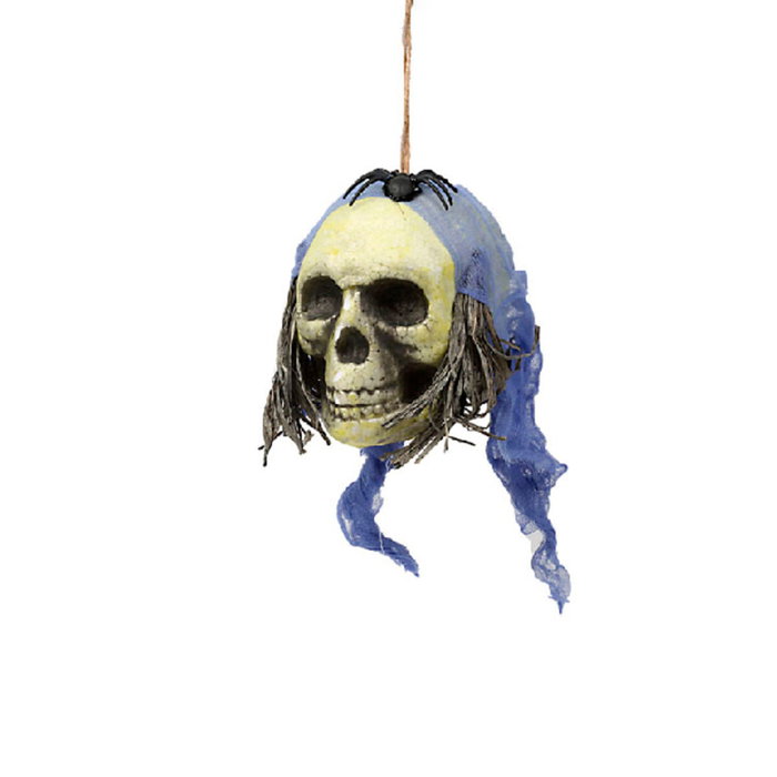 Atosa Cabeza Calavera Decoración Halloween Colgante con Pelo Verde, Telas Azules y Araña, 15x30 cm