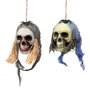 Atosa Cabeza Calavera Decoración Halloween Colgante con Pelo Verde, Telas Azules y Araña, 15x30 cm