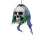 Atosa Cabeza Calavera Decoración Halloween Colgante con Pelo Verde, Telas Azules y Araña, 15x30 cm