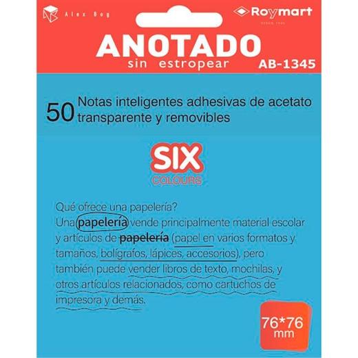 Roymart Bloc Notas Adhesivas Inteligentes Removibles 50H 76x76mm Acetato Transparente Azul Flúor