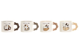 DKD Home Decor Set de 12 Tazas de Porcelana Gatos 335ml Beige y Marrón