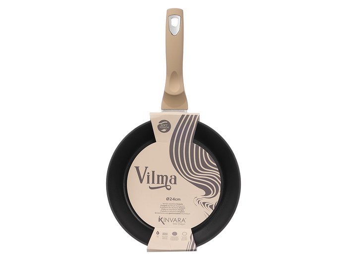 Kinvara Sarten Inducción Forjada 24 cm Aluminio EN601, Antiadherente, Mango Suave, Color Beige y Negro - Dimensiones 44.5x24.8x7 cm, Grosor Base 3.1 mm (Set de 6)