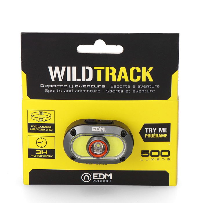 EDM Linterna Frontal WildTrack TX2 LED, Aluminio Recargable USB-C, 7W+5W, 500 Lúmenes, 4+3 Modos Luz, IP44, Inclinación Ajustable, 50x32x37 mm